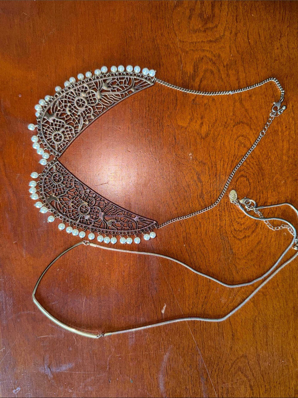 Filigree Pearl Accent Collar Necklace - White Pearls and long chain necklace